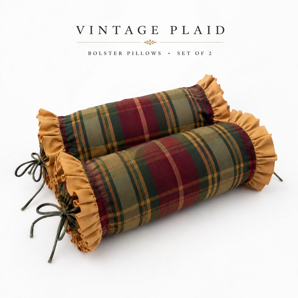 Vintage Plaid Ruffle Bolster Pillows Pair Primitive Cottage Cabin Decor